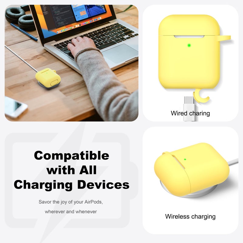 R-fun Compatible with AirPods Case Cover, Soft Silicone Protective Cover with Keychain for Women Men Compatible with Apple AirPods 2nd 1st Generation Charging Case, Front LED Visible,Yellow - Image 4